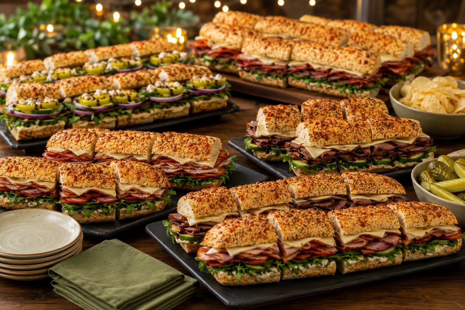 Party-ready Sandwishat catering spread with sliced signature subs arranged on serving trays
