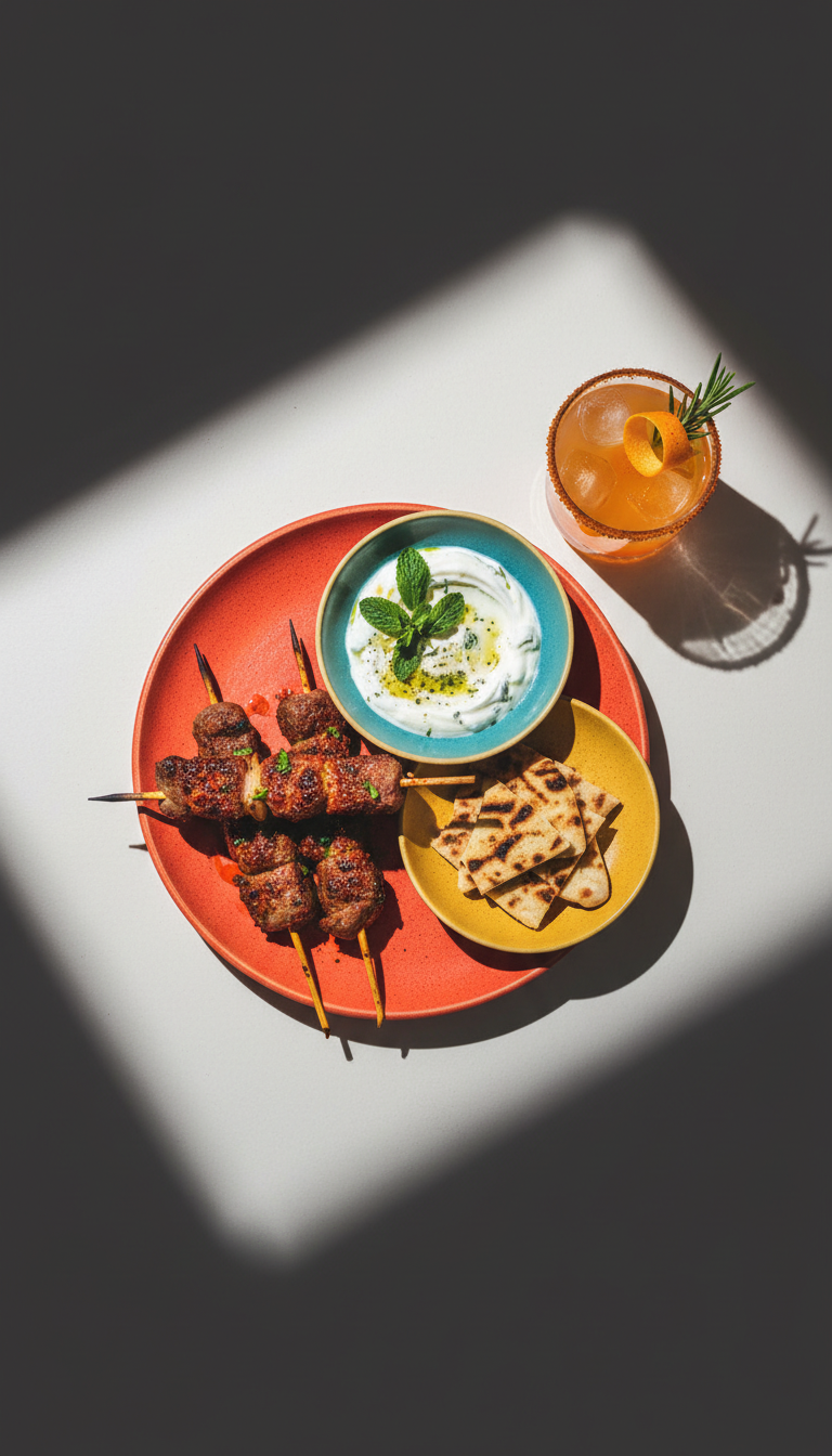 Harissa lamb skewers with chili glaze
