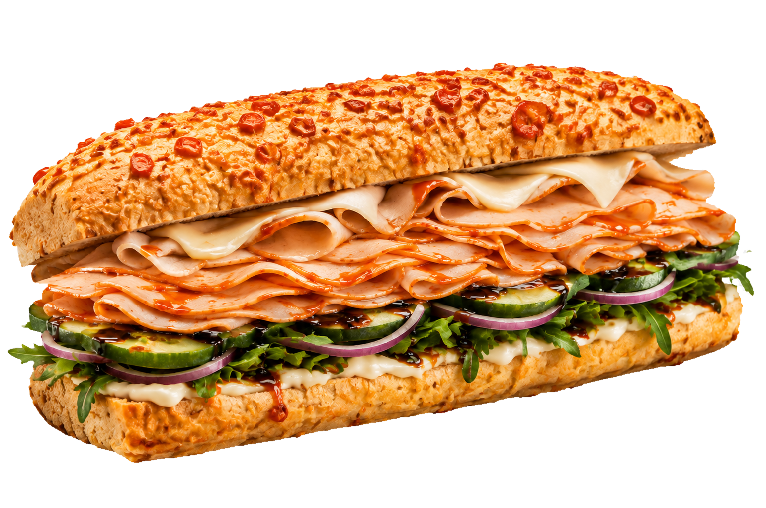 The Blazin Bird sandwich with smoked turkey, buffalo chicken, provolone, and fresh vegetables