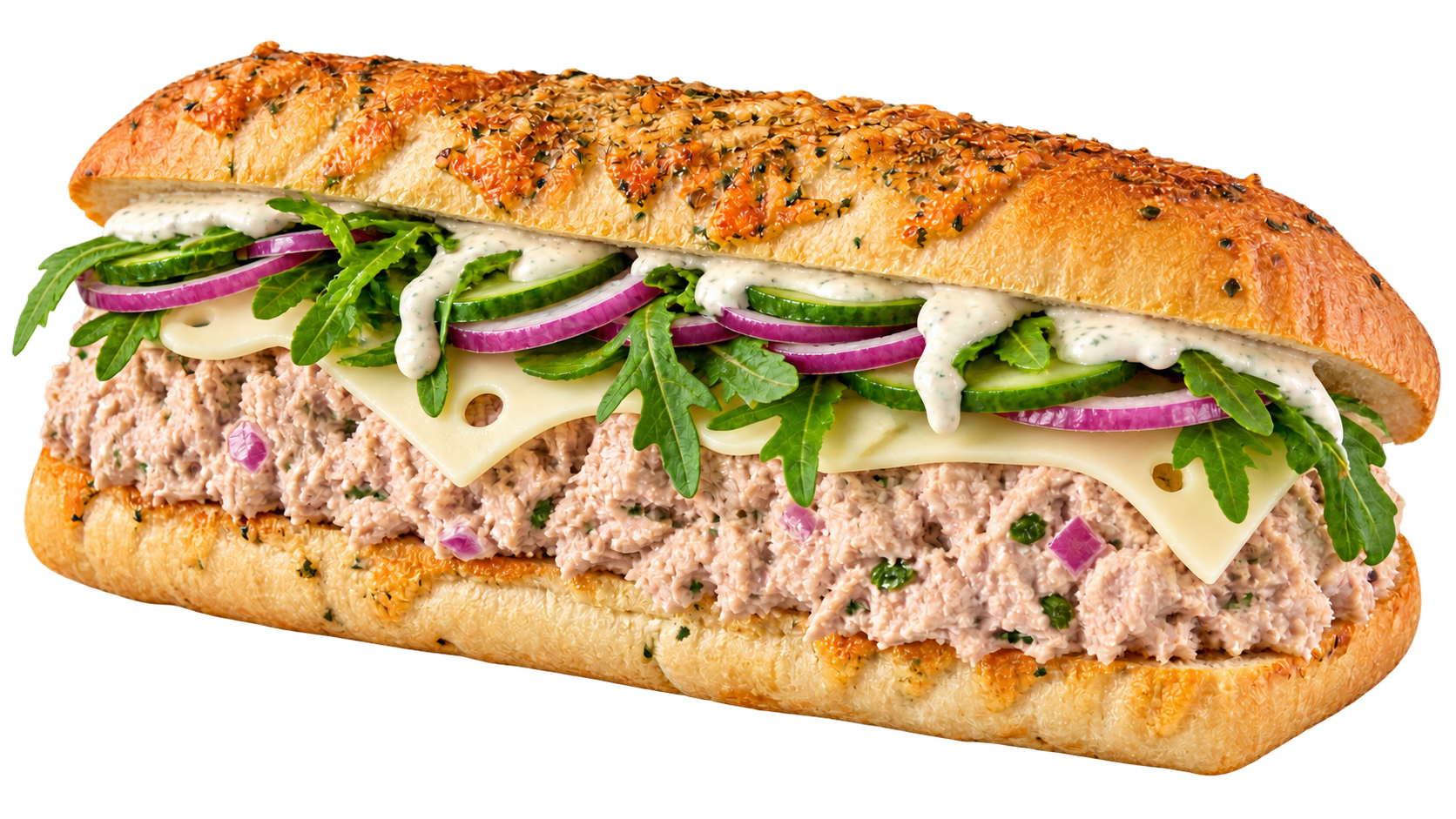 The Classic Tuna sandwich with house tuna mix, Swiss, arugula, cucumber, onion, and garlic aioli