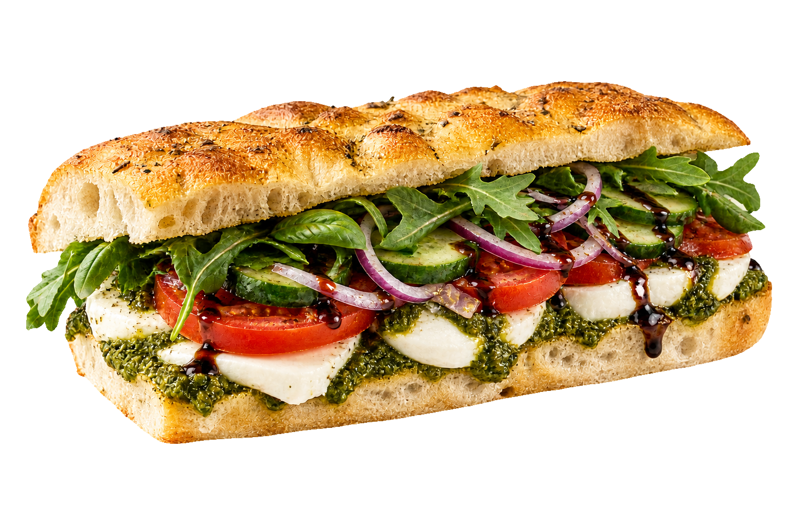 The Golden Garden vegetarian focaccia sandwich with fresh mozzarella, arugula, cucumber, onion, and tomato