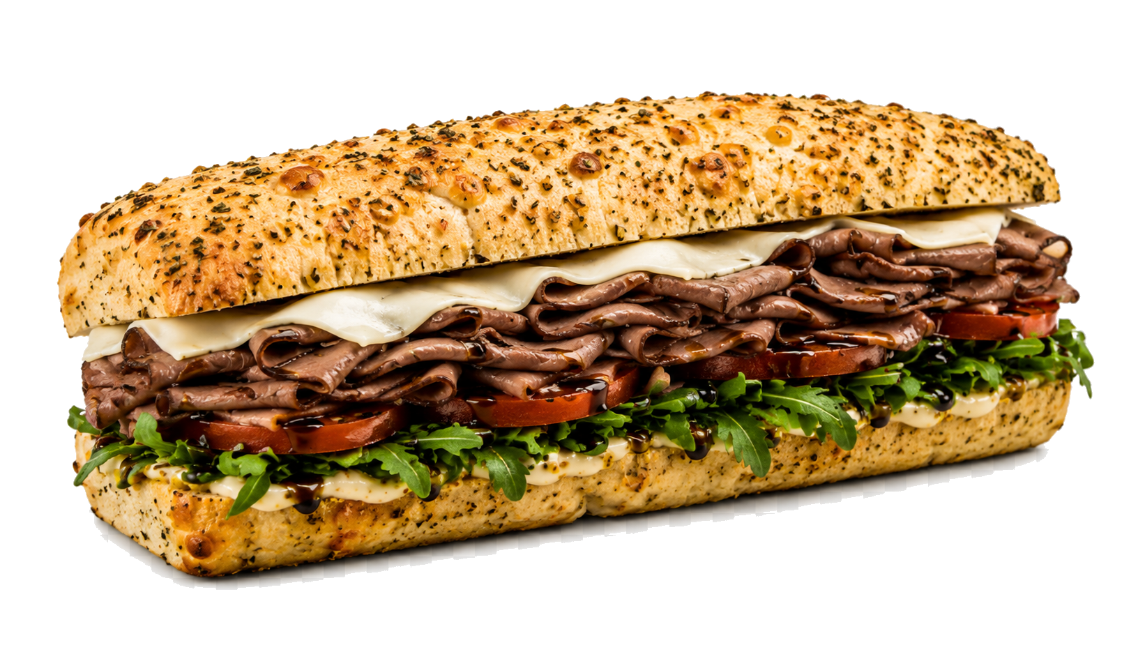 The Roast Beast sandwich with roast beef, provolone, arugula, and tomatoes